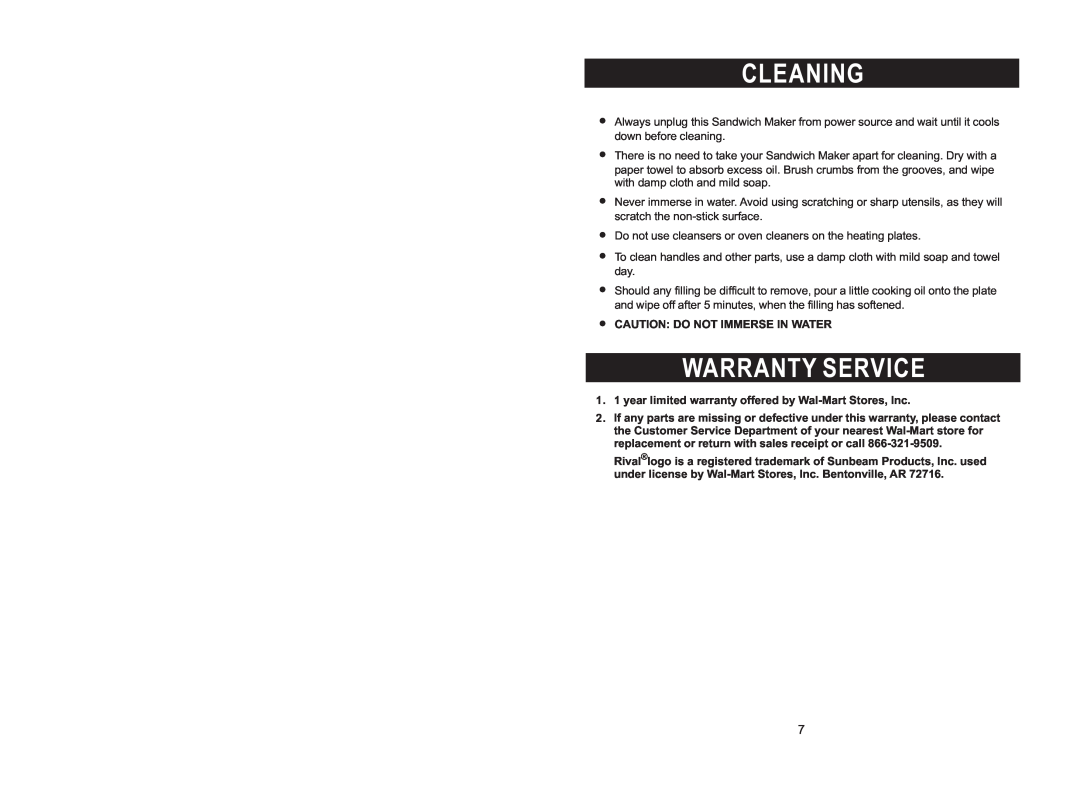 Rival DC-SWM169 instruction manual Cleaning, Warranty Service, ŸCaution Do Not Immerse In Water 