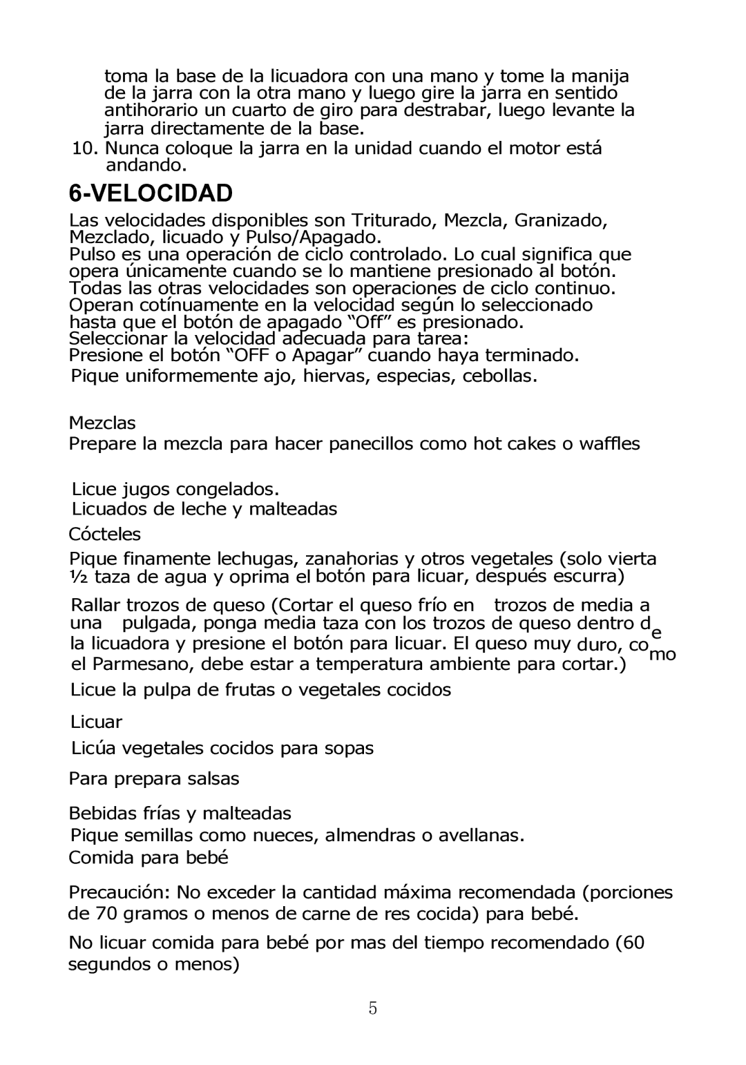 Rival DC-TB170 instruction manual Velocidad 