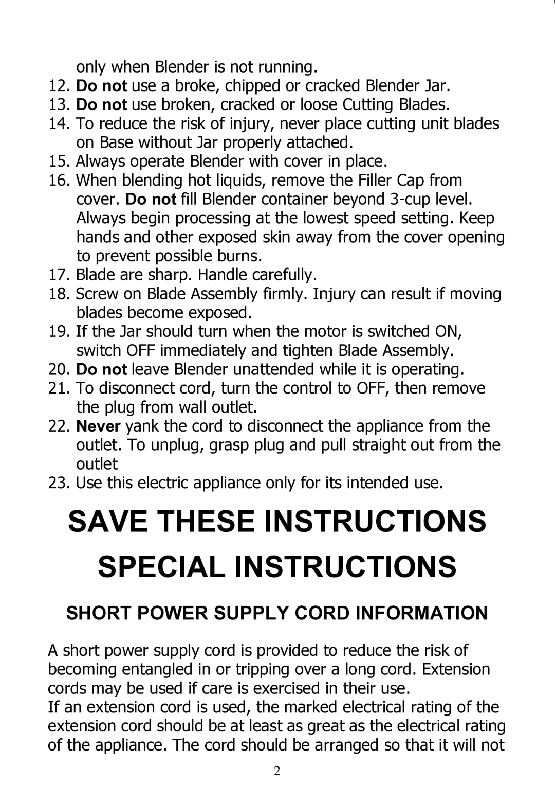 Rival DC-TB170 instruction manual Special Instructions, Short Power Supply Cord Information 