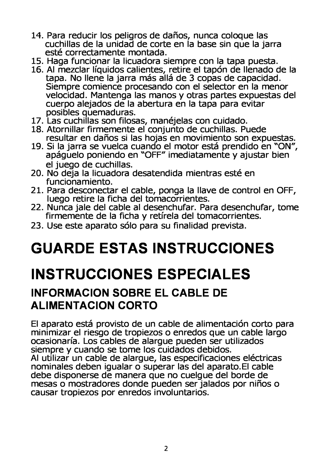 Rival DC-TB170 instruction manual Informacion Sobre El Cable De Alimentacion Corto 