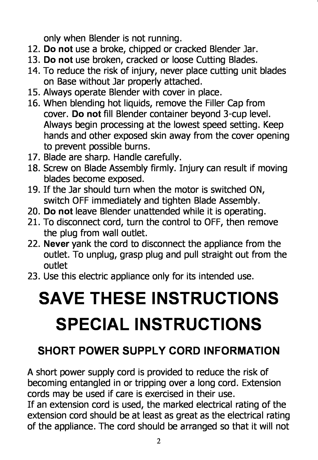 Rival DC-TB170 instruction manual Short Power Supply Cord Information, Save These Instructions Special Instructions 