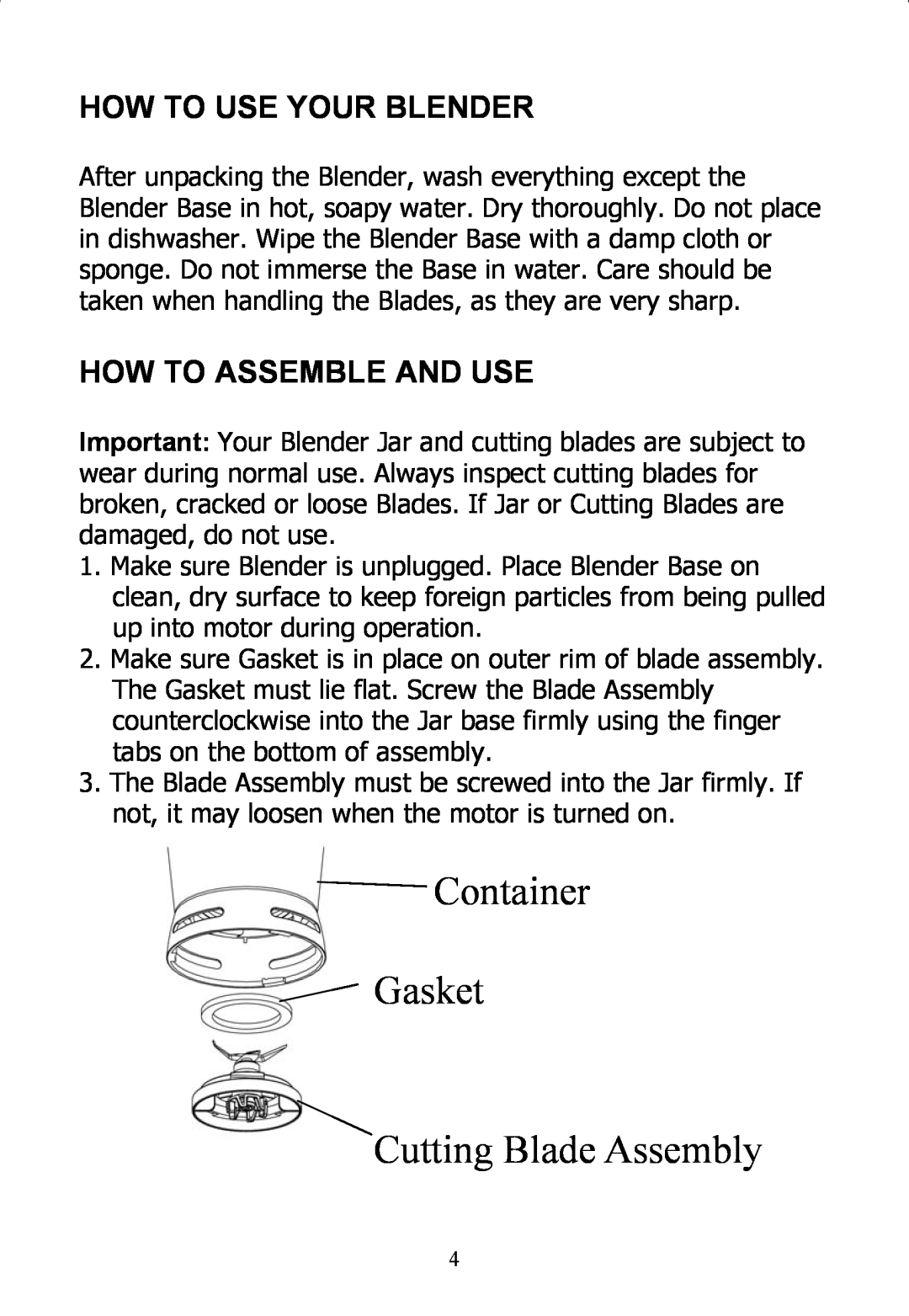 Rival DC-TB170 instruction manual How To Use Your Blender, How To Assemble And Use, Container Gasket Cutting Blade Assembly 