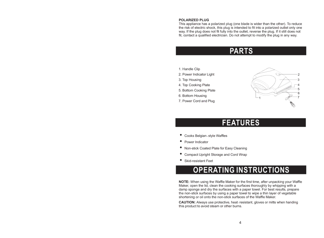 Rival DC-WM169 instruction manual Parts, Features, Operating Instructions 