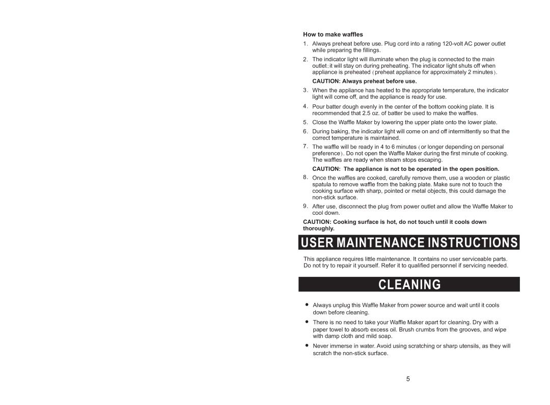 Rival DC-WM169 instruction manual User Maintenance Instructions, Cleaning, How to make waffles 