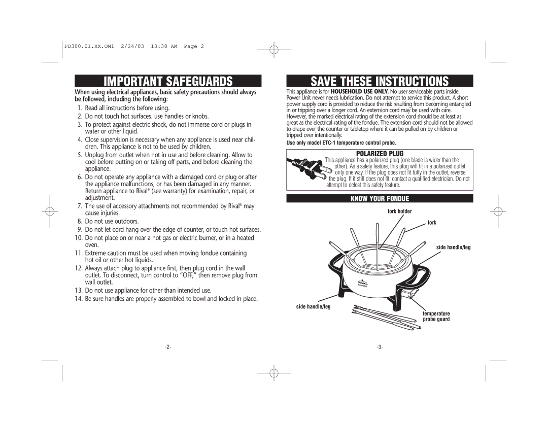 Rival FD300 manual Important Safeguards, Polarized Plug 