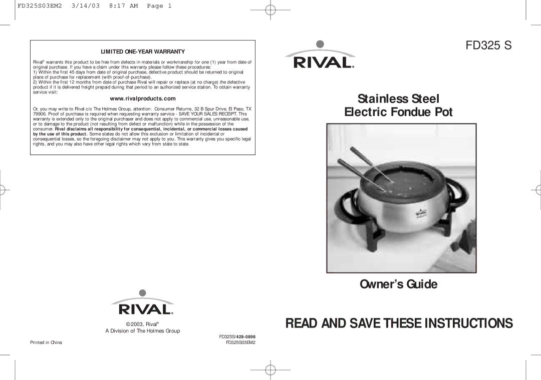 Rival FD325 S warranty Stainless Steel Electric Fondue Pot Owner’s Guide 