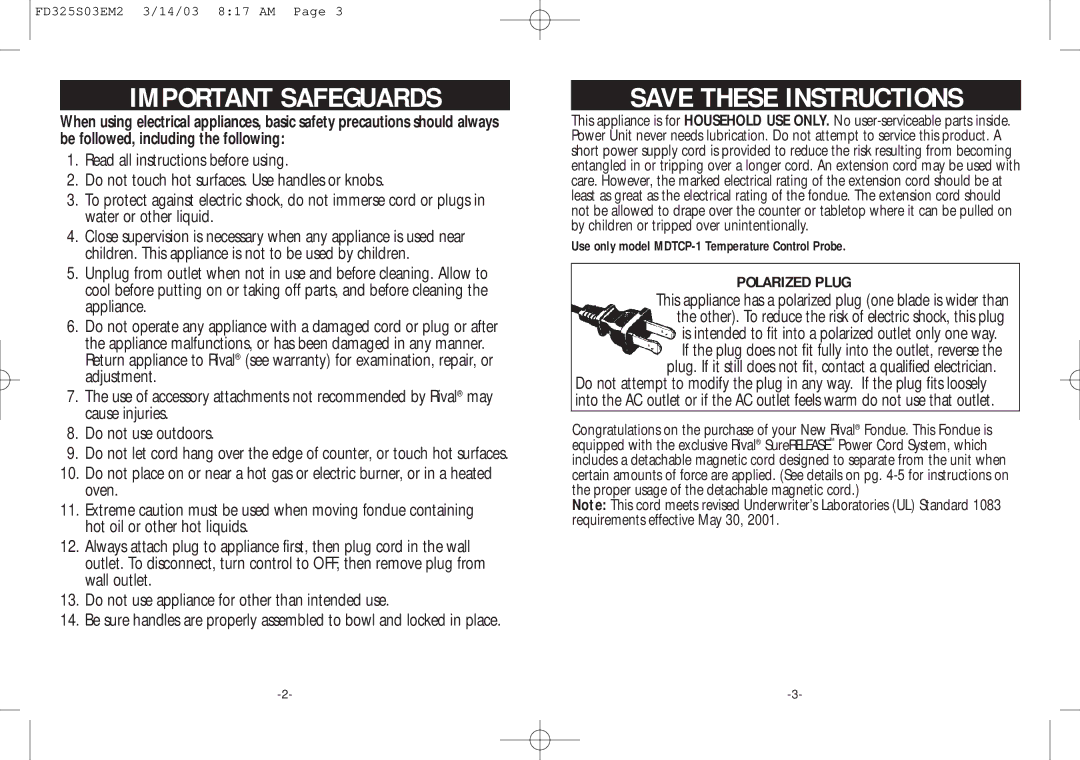 Rival FD325 S warranty Important Safeguards 