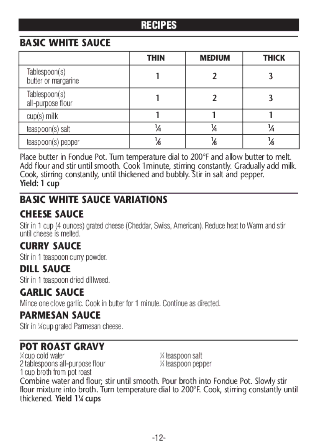 Rival FD350S CN manual Basic White Sauce Variations Cheese Sauce, Curry Sauce, Dill Sauce, Garlic Sauce, Parmesan Sauce 