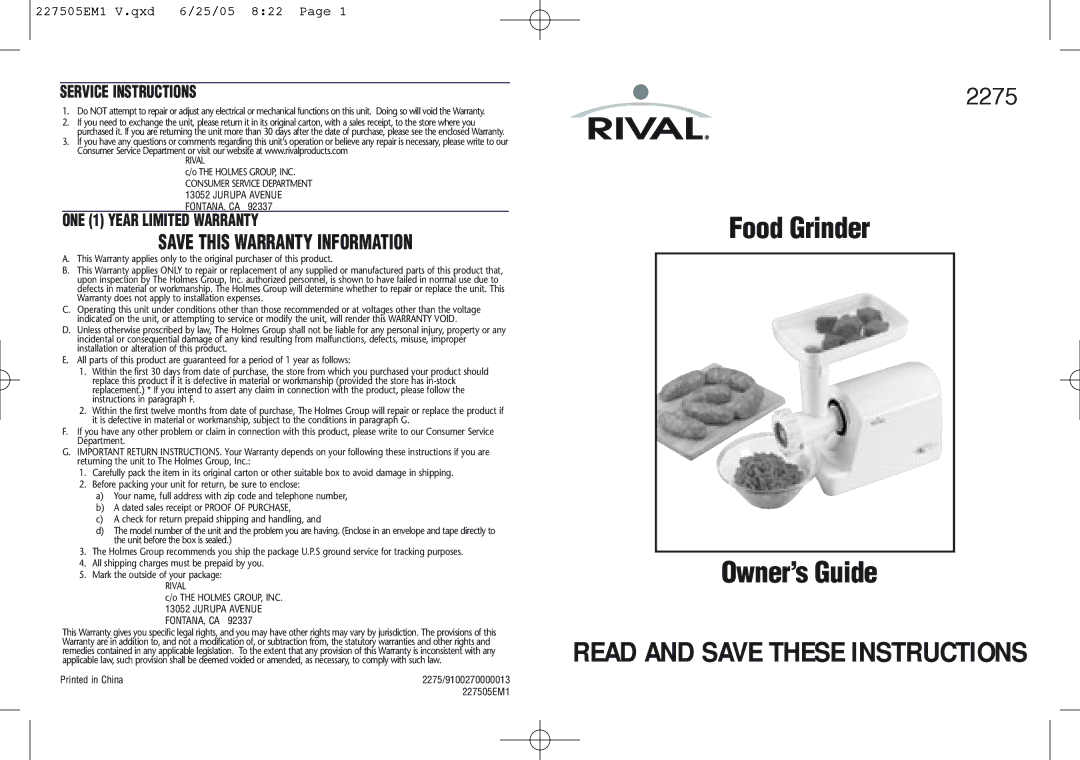 Rival Food Grinder warranty Service Instructions, ONE 1 Year Limited Warranty 