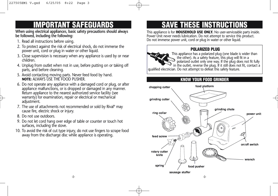 Rival Food Grinder warranty Important Safeguards, Polarized Plug 