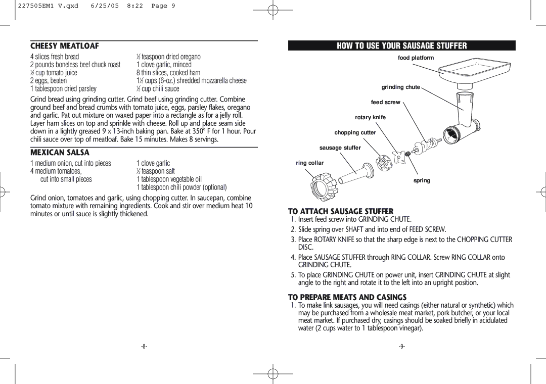 Rival Food Grinder warranty Cheesy Meatloaf, Mexican Salsa, HOW to USE Your Sausage Stuffer, To Attach Sausage Stuffer 