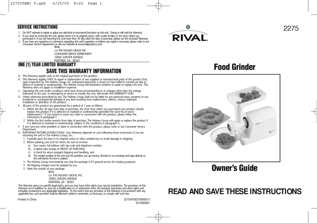 Rival warranty Service Instructions, ONE 1 YEAR LIMITED WARRANTY, Food Grinder Owner’s Guide, 2275 