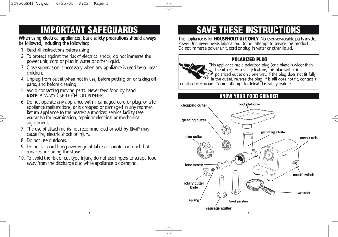 Rival Food Grinder warranty Important Safeguards, Save These Instructions, Polarized Plug 