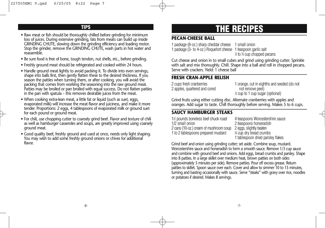 Rival Food Grinder warranty The Recipes, Tips, Pecan-Cheeseball, Fresh Cran-Applerelish, Saucy Hamburger Steaks 