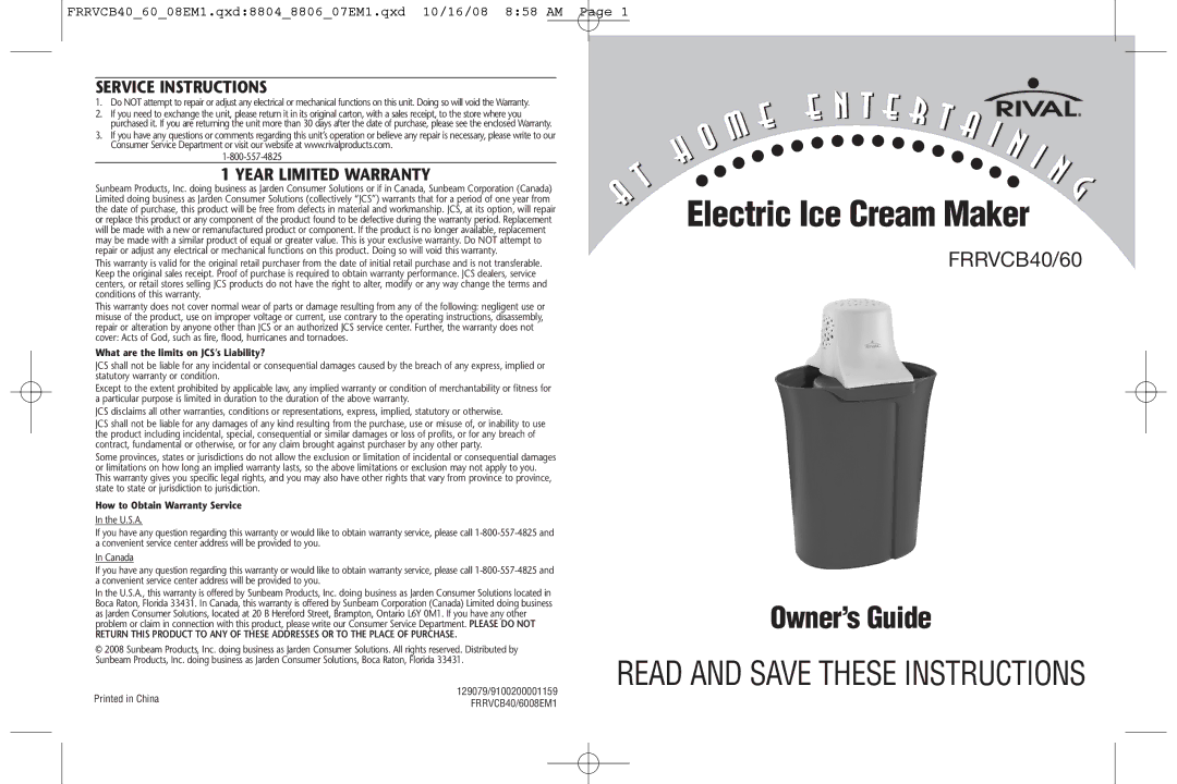 Rival FRRVCB40/60 warranty Service Instructions, Year Limited Warranty 