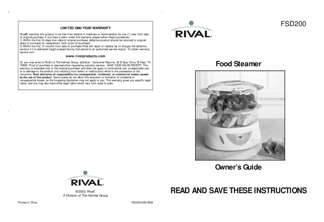 Rival FSD200 warranty Food Steamer Owner’s Guide 