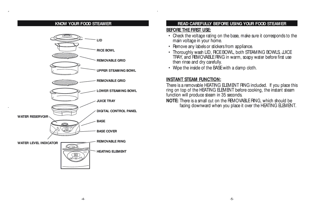 Rival FSD200 warranty Know Your Food Steamer, Before the First USE, Instant Steam Function 