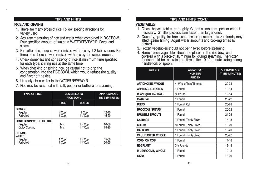 Rival FSD200 warranty Tips and Hints, Rice and Grains, Vegetables 