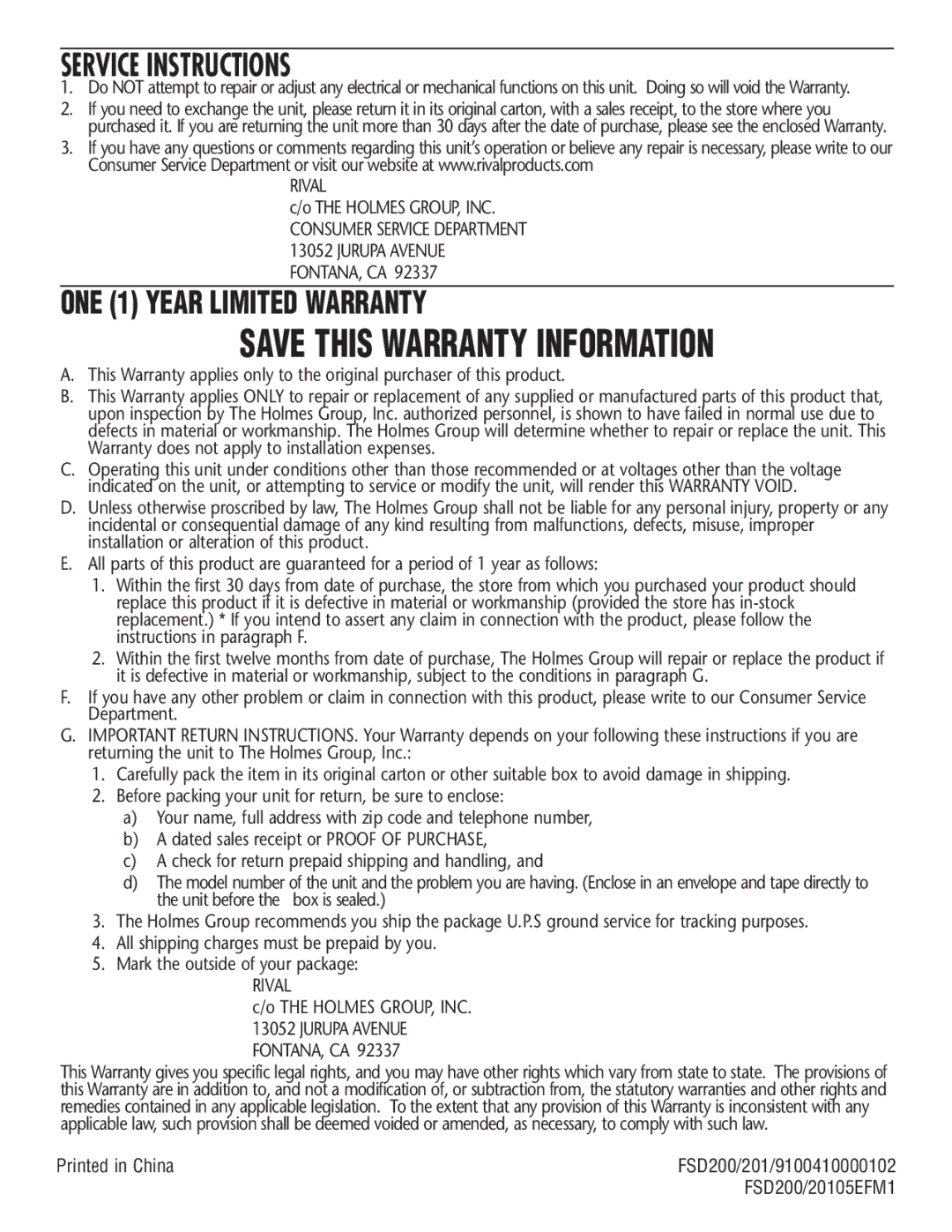 Rival FSD201 manual Save this Warranty Information 