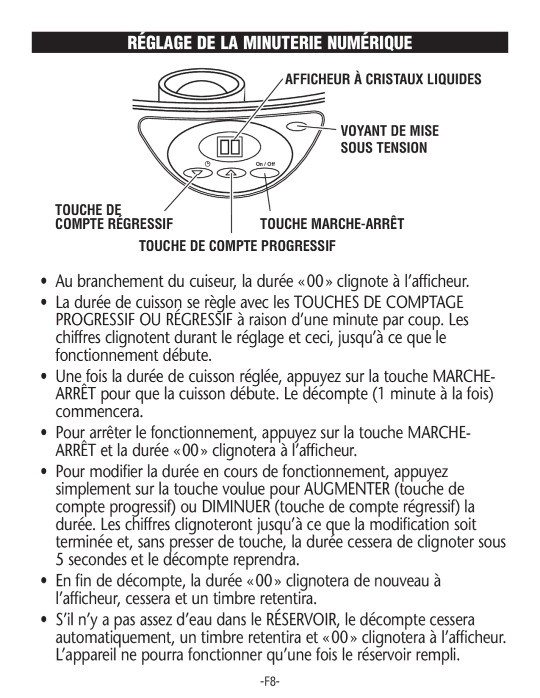 Rival FSD201 manual Réglage DE LA Minuterie Numérique 