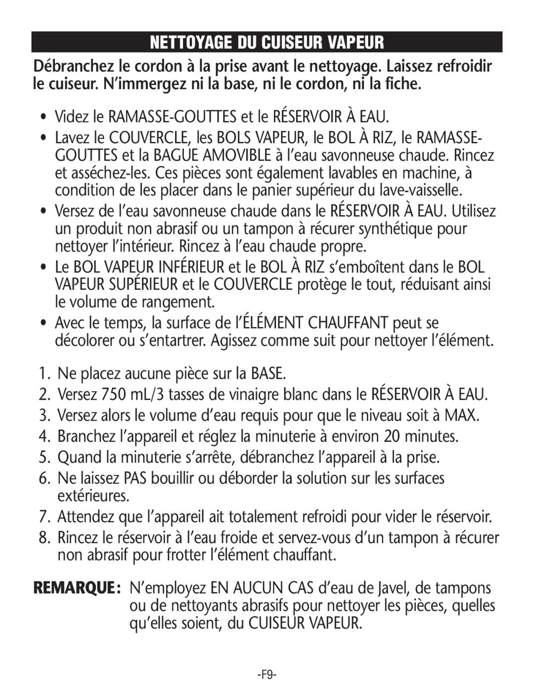 Rival FSD201 manual Nettoyage DU Cuiseur Vapeur, Videz le RAMASSE-GOUTTESet le Réservoir À EAU 