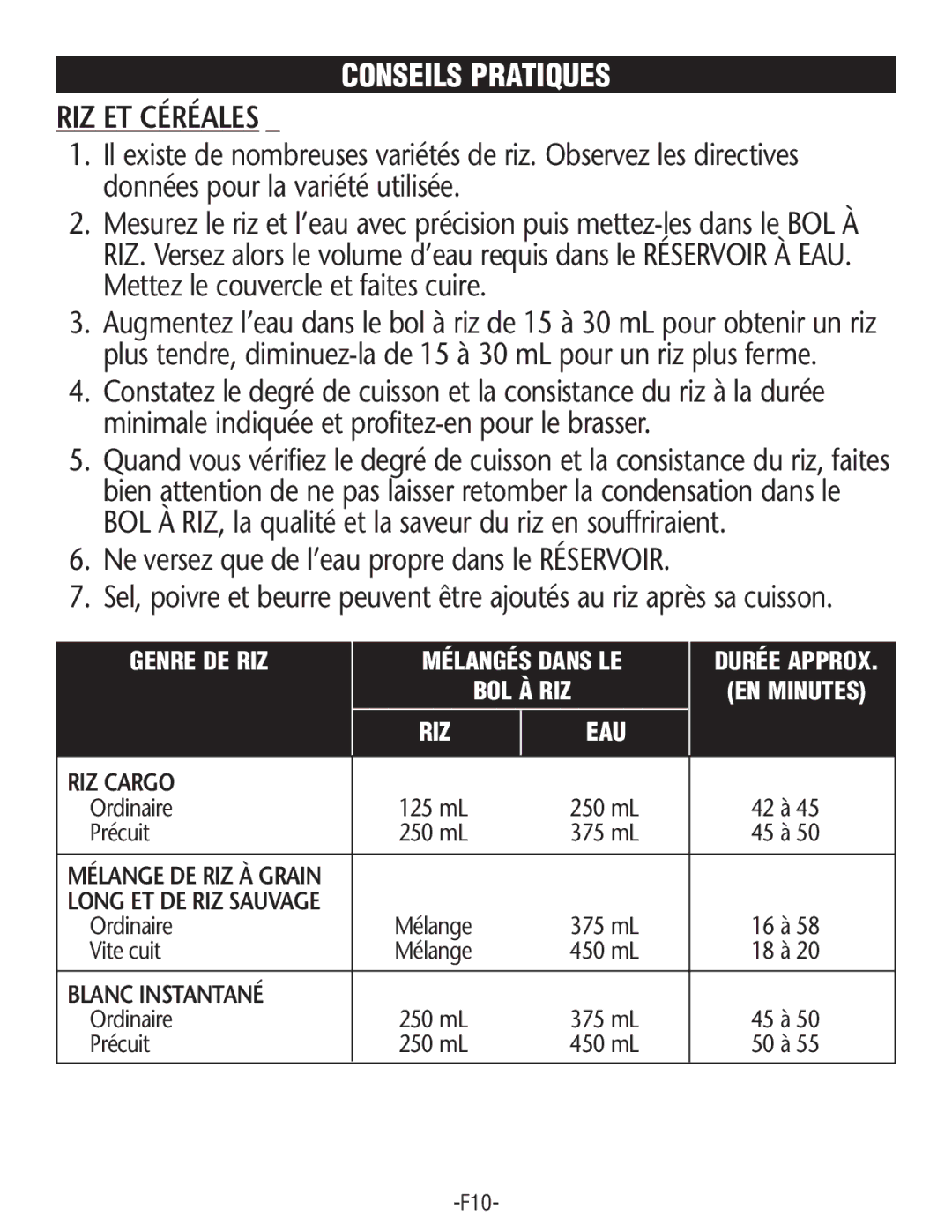 Rival FSD201 manual Conseils Pratiques, RIZ ET Céréales, RIZ Cargo, Blancinstantané 