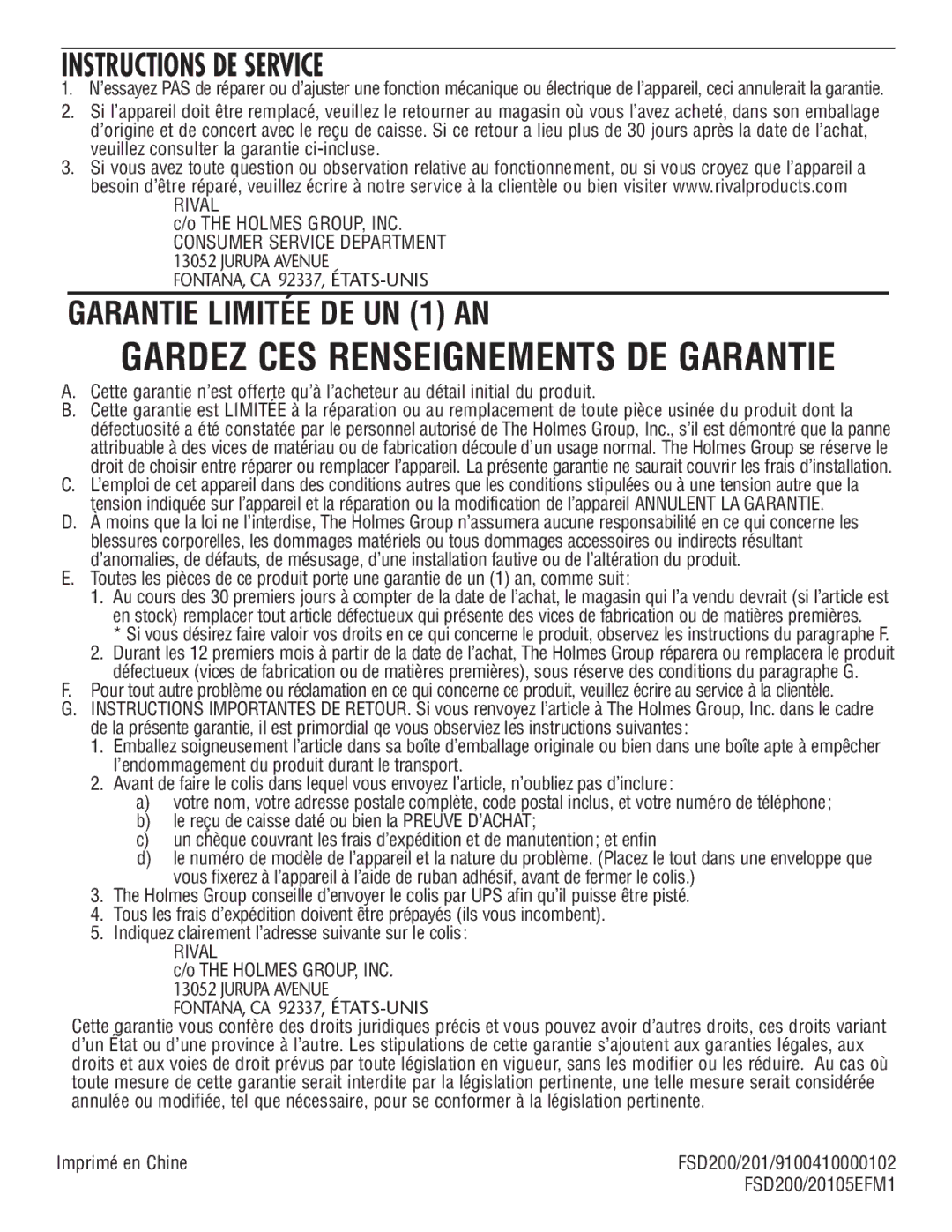 Rival FSD201 manual Gardez CES Renseignements DE Garantie 