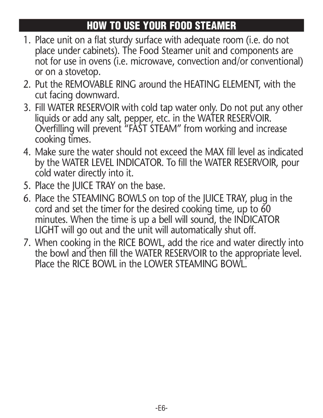 Rival FSD201 manual HOW to USE Your Food Steamer 