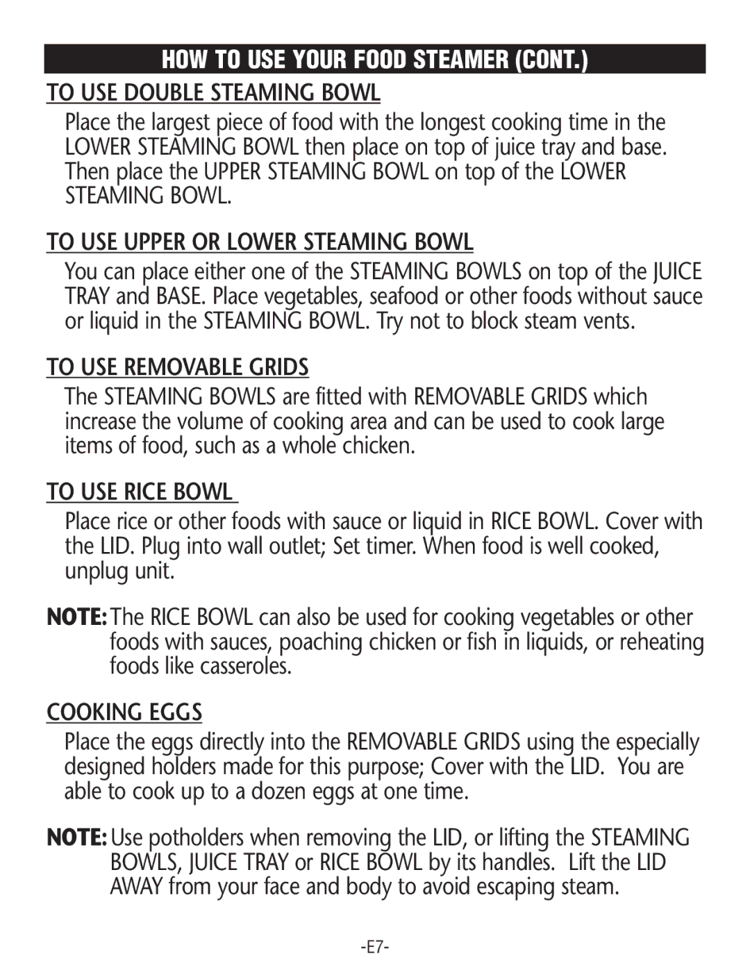 Rival FSD201 To USE Double Steaming Bowl, To USE Upper or Lower Steaming Bowl, To USE Removable Grids, To USE Rice Bowl 