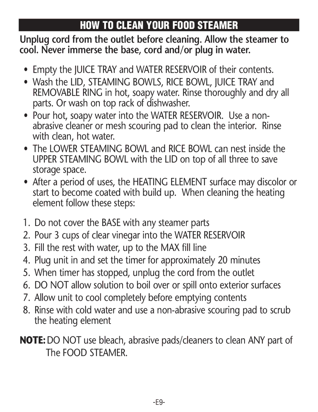 Rival FSD201 manual HOW to Clean Your Food Steamer, Empty the Juice Tray and Water Reservoir of their contents 