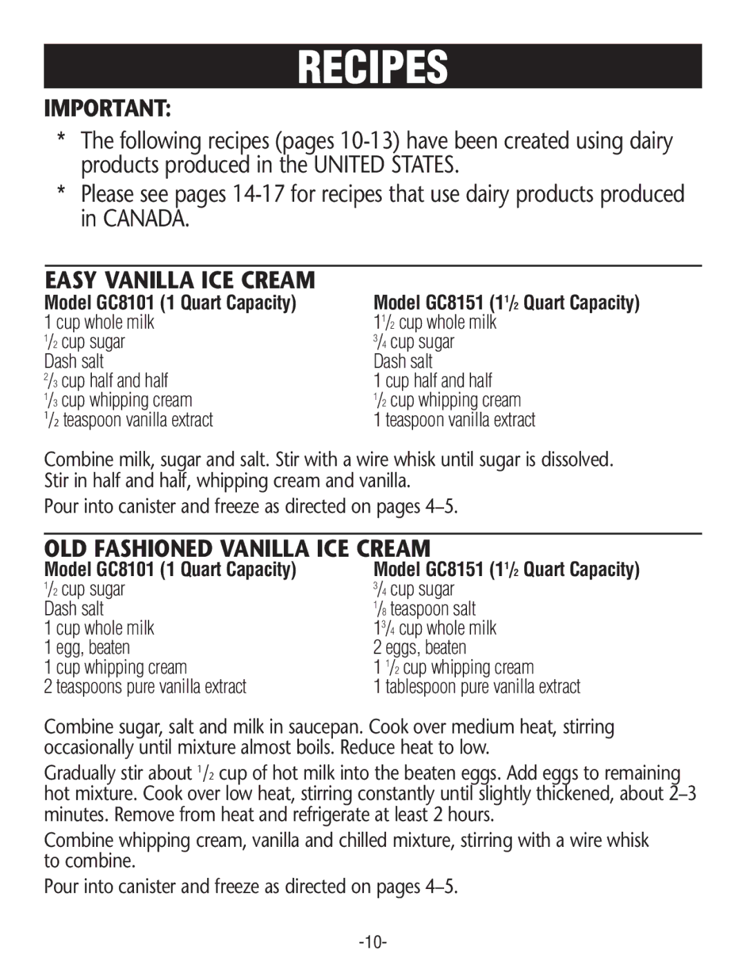 Rival GC8101, GC8151 manual Easy Vanilla ICE Cream, OLD Fashioned Vanilla ICE Cream 