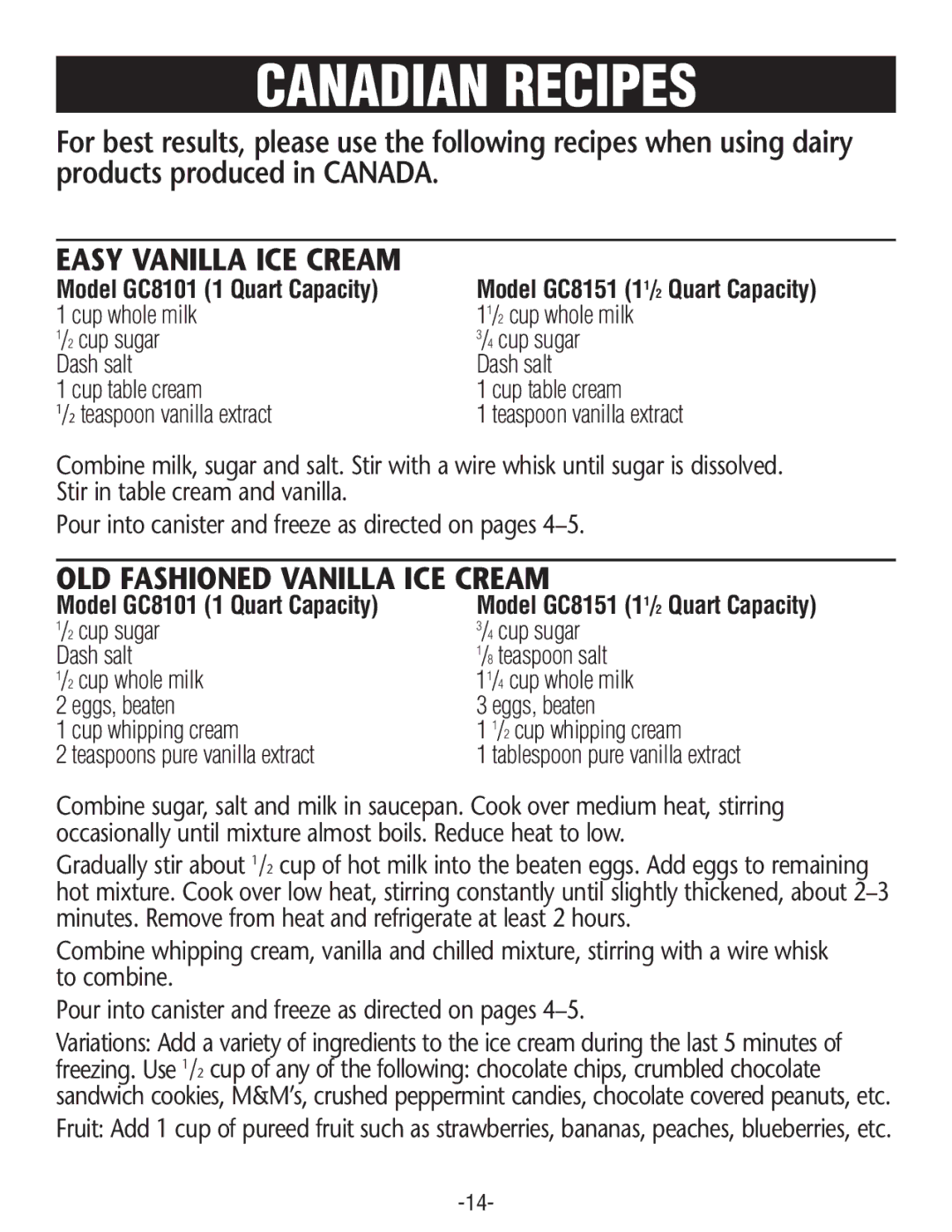 Rival GC8101, GC8151 manual Canadian Recipes 