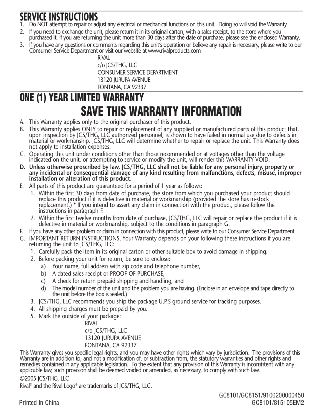 Rival GC8101, GC8151 manual Save this Warranty Information, Service Instructions 