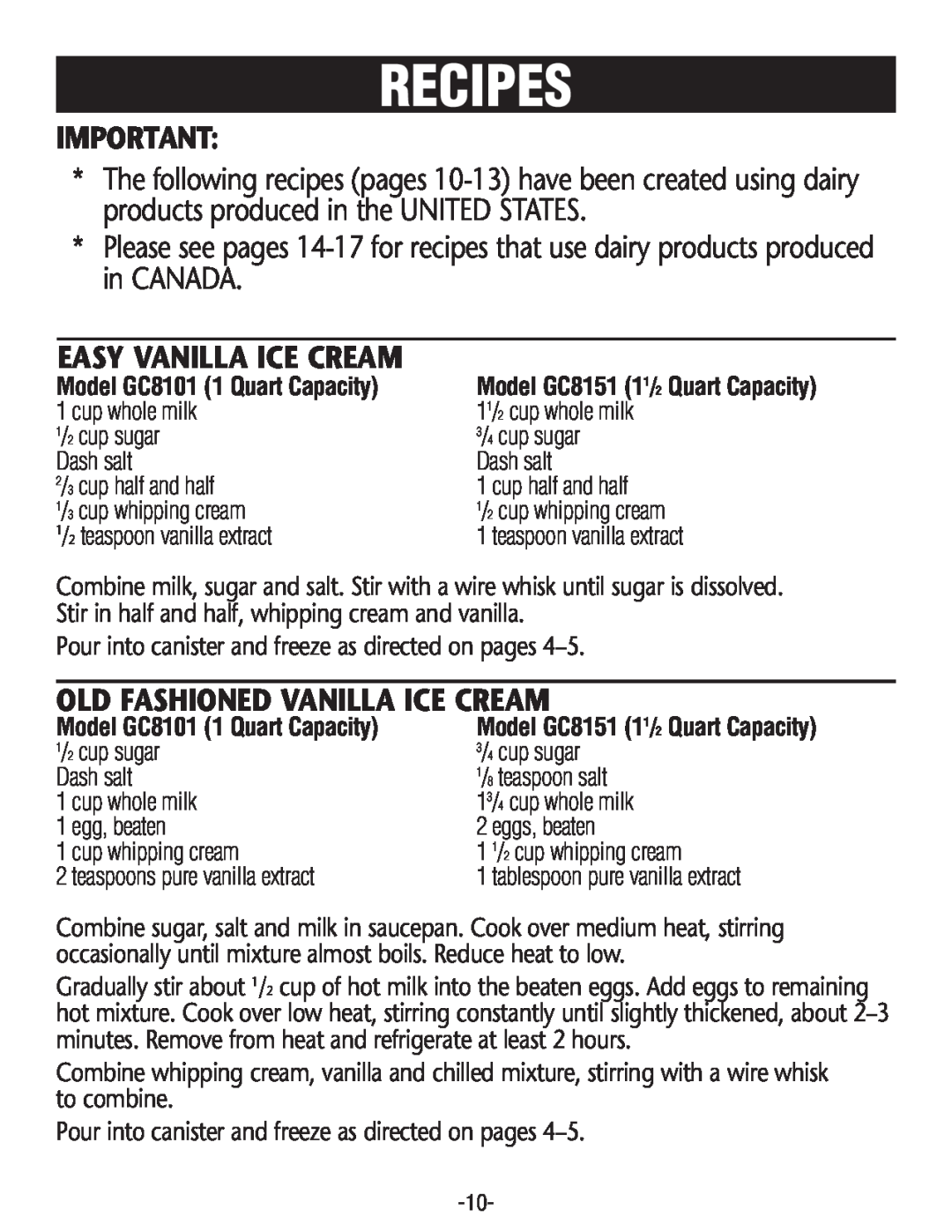 Rival GC8151 manual Easy Vanilla Ice Cream, Old Fashioned Vanilla Ice Cream, Recipes, Model GC81011 Quart Capacity 