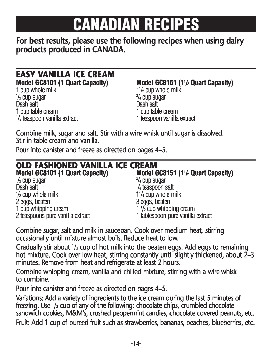 Rival GC8151 Canadian Recipes, Easy Vanilla Ice Cream, Old Fashioned Vanilla Ice Cream, Model GC81011 Quart Capacity 
