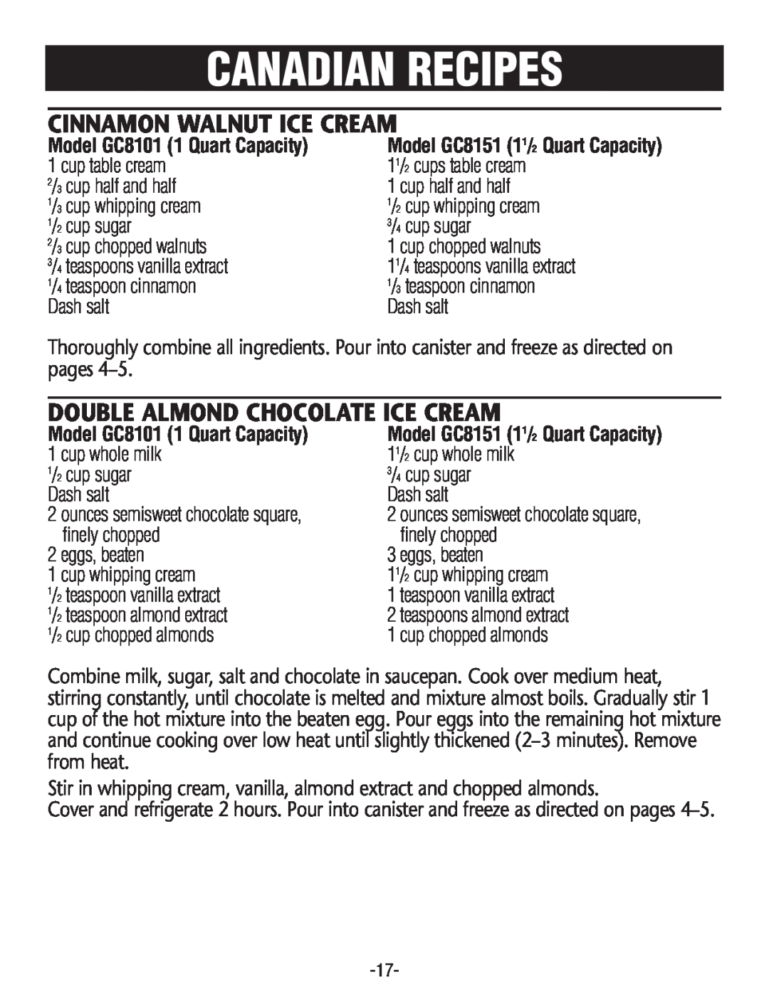 Rival GC8151 Canadian Recipes, Cinnamon Walnut Ice Cream, Double Almond Chocolate Ice Cream, Model GC81011 Quart Capacity 