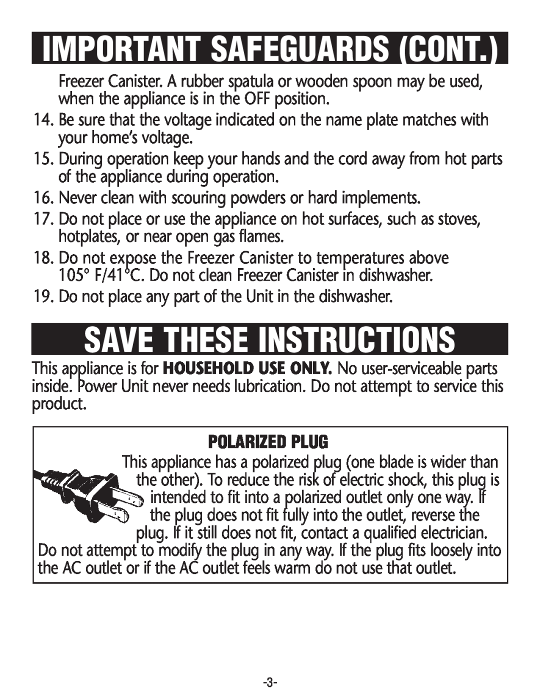 Rival GC8151, GC8101 manual Save These Instructions, Polarized Plug, Important Safeguards Cont 