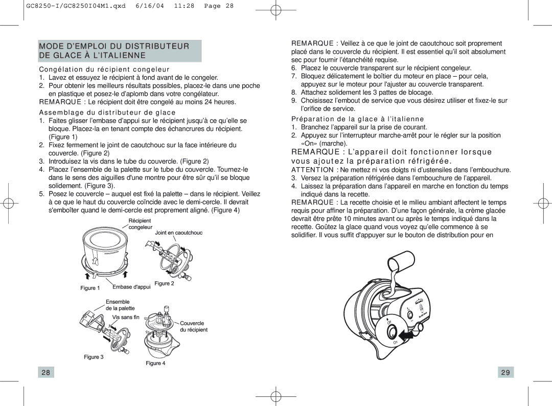 Rival GC8250-I manual Mode D’EMPLOI DU Distributeur DE Glace À L’ITALIENNE, Congélation du récipient congeleur 