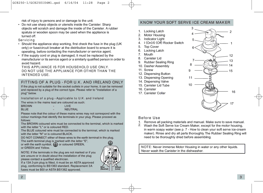 Rival GC8250-I Fitting of a Plug for U.K. and Ireland only, Know Your Soft Serve ICE Cream Maker, Before Use, Servicing 