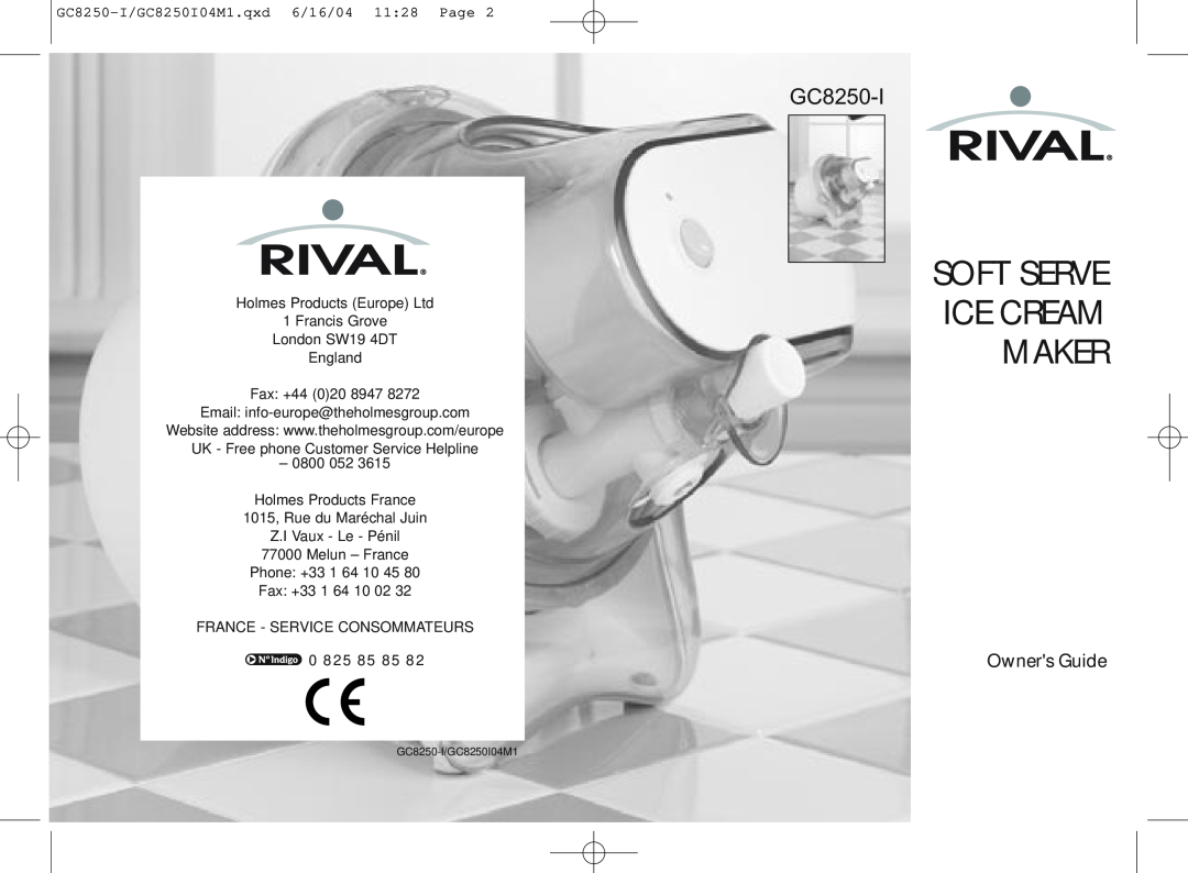 Rival GC8250-I manual Owners Guide, Soft Serve Ice Cream Maker 