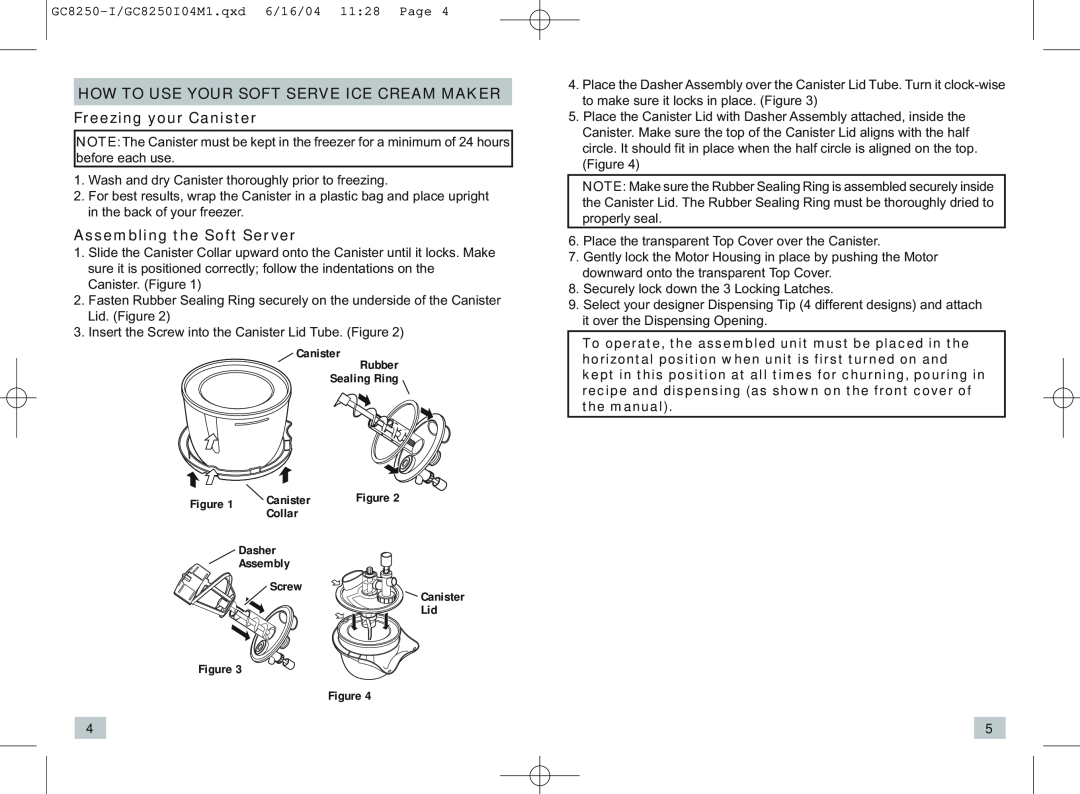 Rival GC8250-I manual HOW TO USE YOUR SOFT SERVE ICE CREAM MAKER Freezing your Canister, Assembling the Soft Server, Collar 