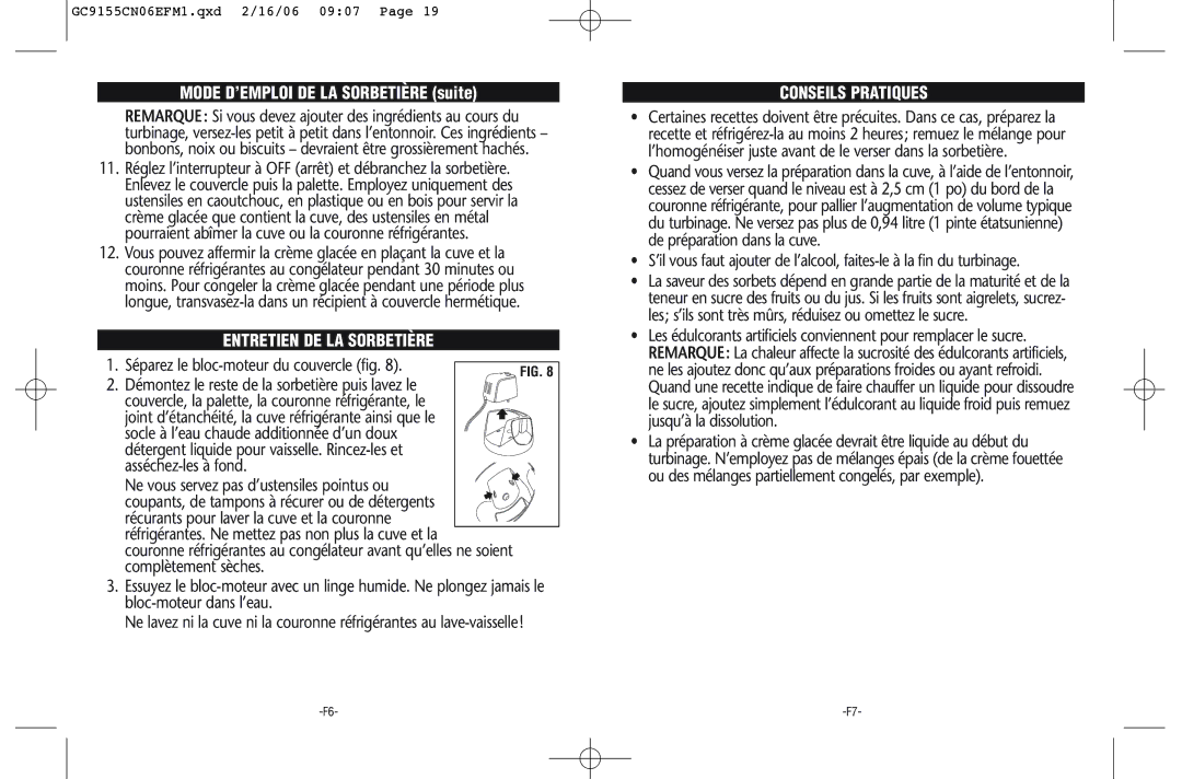 Rival GC9155-CN manual Entretien DE LA Sorbetière, Conseils Pratiques 