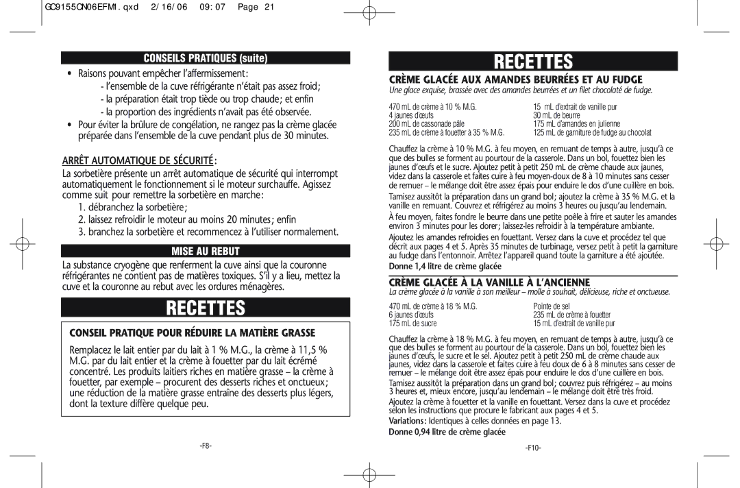 Rival GC9155-CN manual Recettes, Mise AU Rebut 