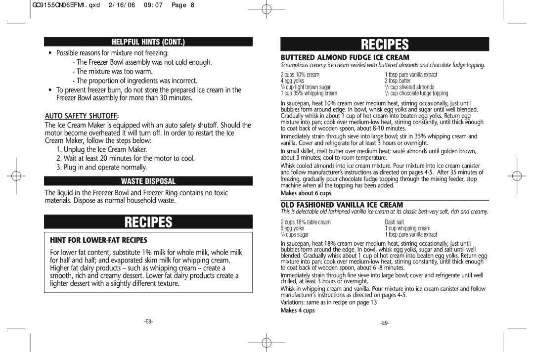 Rival GC9155-CN manual Recipes, Waste Disposal 