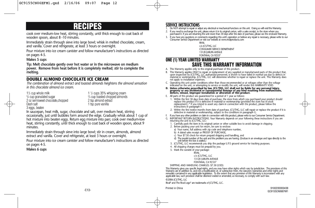 Rival GC9155-CN manual Double Almond Chocolate ICE Cream, Service Instructions, Cup whole milk, Tsp almond extract 