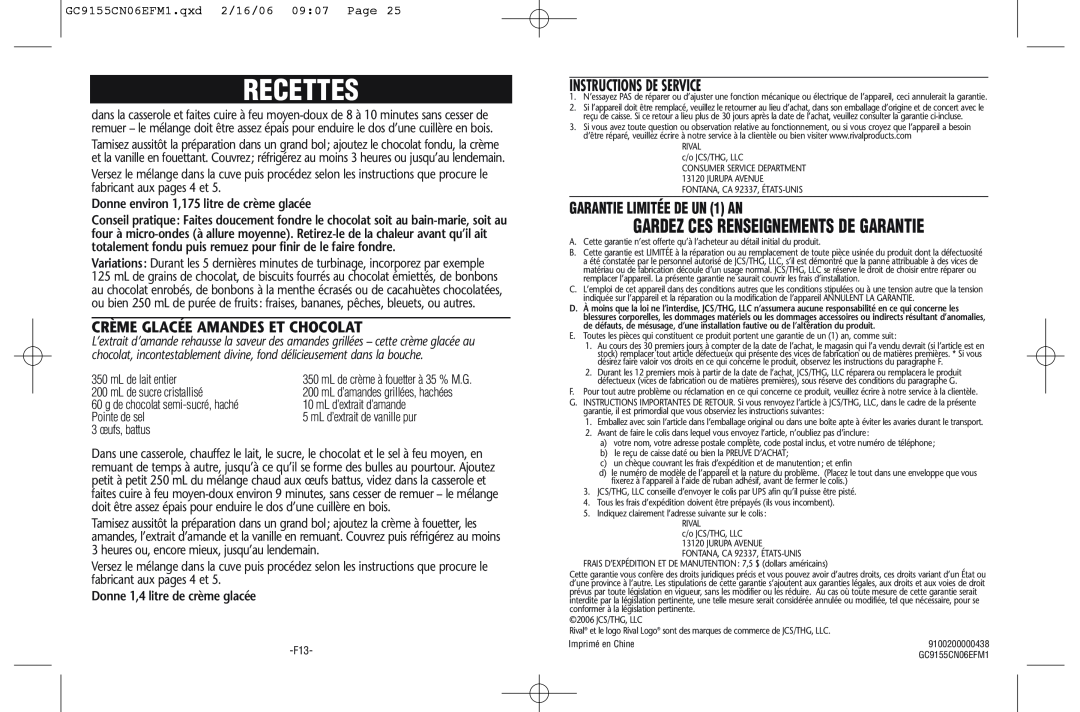 Rival GC9155-CN Gardez Ces Renseignements De Garantie, Crème Glacée Amandes Et Chocolat, Instructions De Service, Recettes 