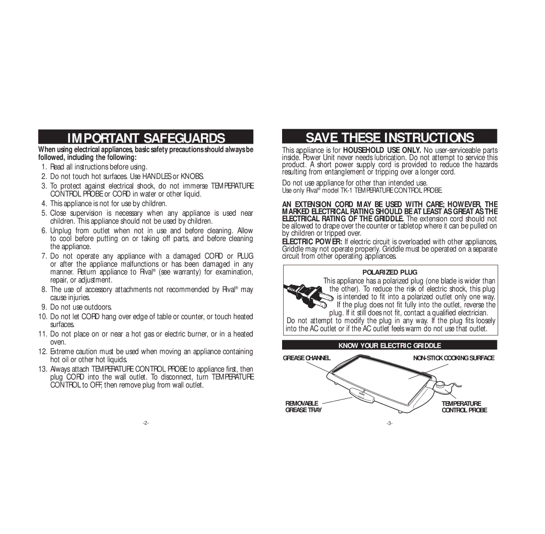 Rival GR201 manual Important Safeguards, Know Your Electric Griddle 