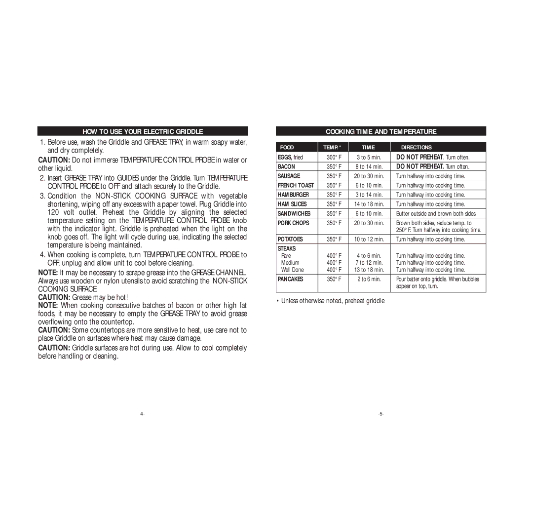 Rival GR201 manual HOW to USE Your Electric Griddle, Cooking Time and Temperature 