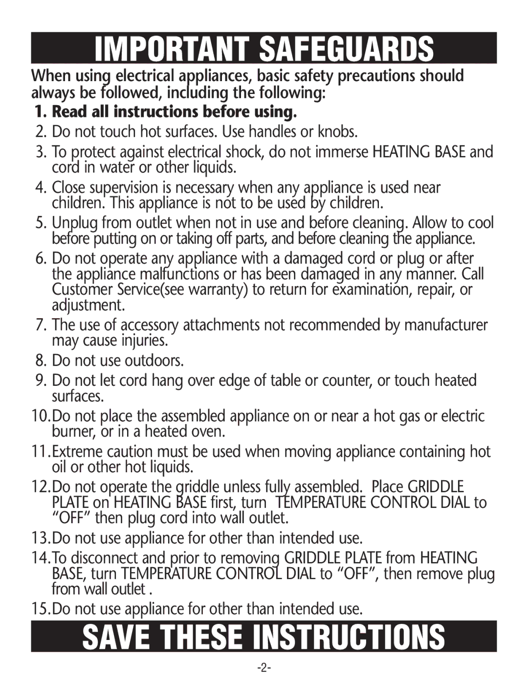 Rival GR225 manual Important Safeguards 