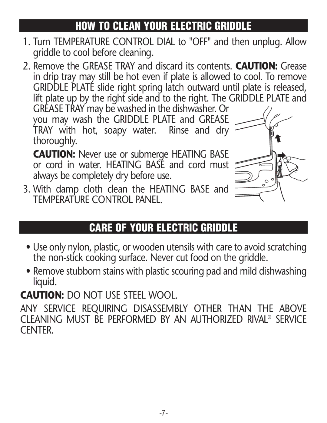 Rival GR225 manual HOW to Clean Your Electric Griddle, Care of Your Electric Griddle 